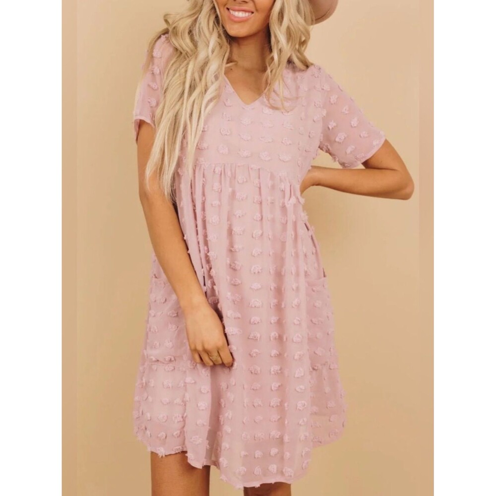 Dusty Rose Textured Pom Pom  Mini Dress